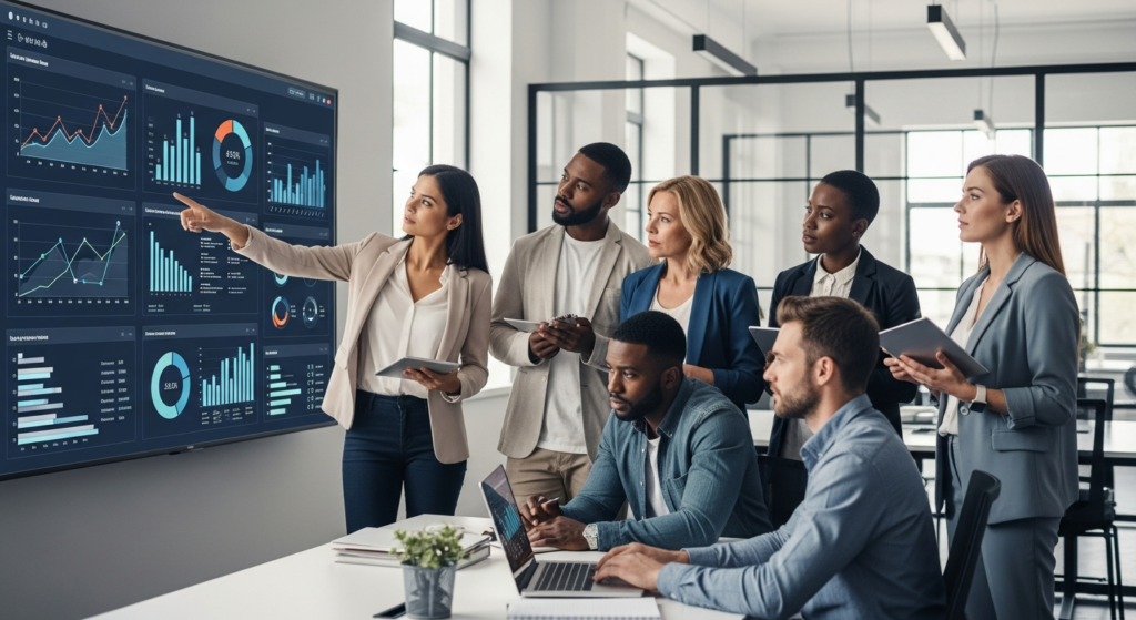 Zespół agencji interaktywnej analizujący statystyki wizytówki w Google Maps