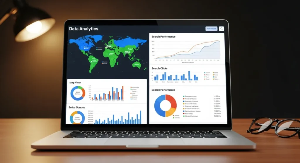 Analiza statystyk i wyników wizytówki Google Maps na ekranie laptopa