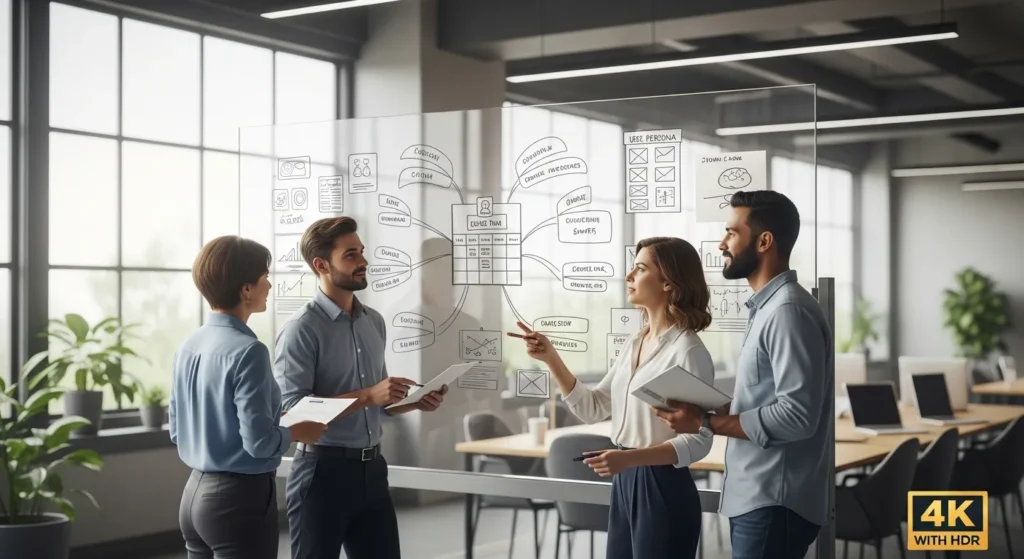 Zespół agencji interaktywnej omawiający persony klientów i ścieżkę zakupową