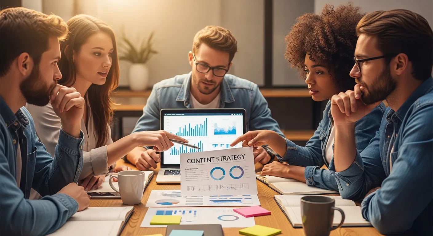 Zespół Agencji Interaktywnej analizujący strategię content marketingową