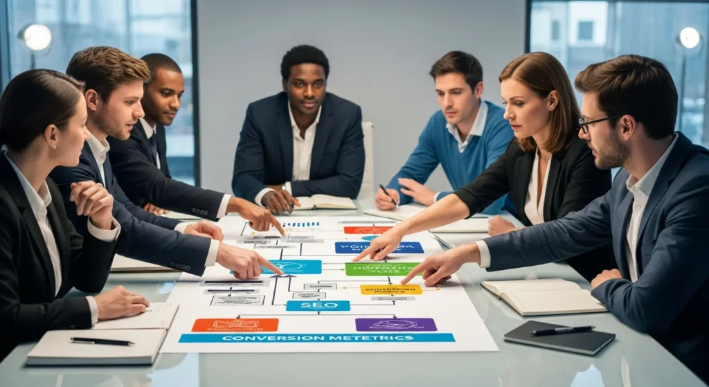 Zespół agencji interaktywnej omawiający strategię content marketingową