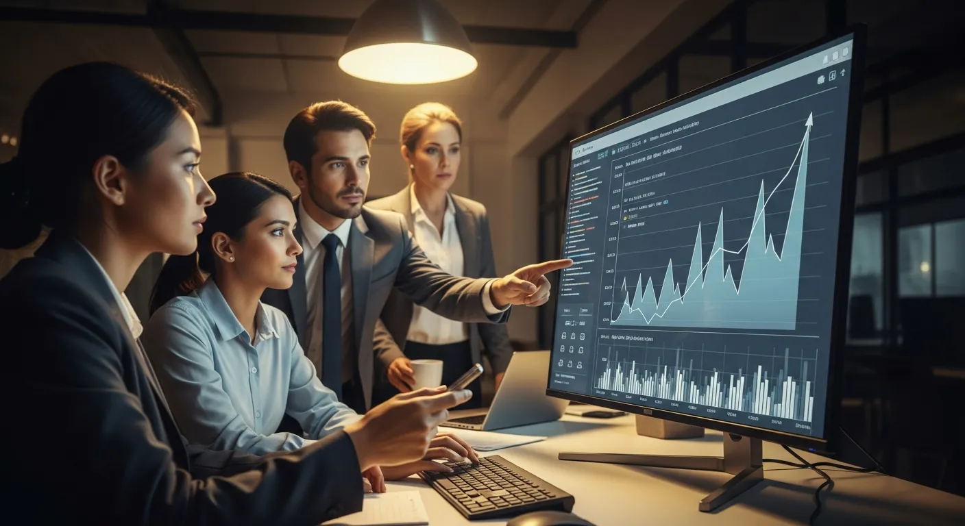 Zespół agencji interaktywnej analizujący wyniki pozycjonowania stron na monitorze