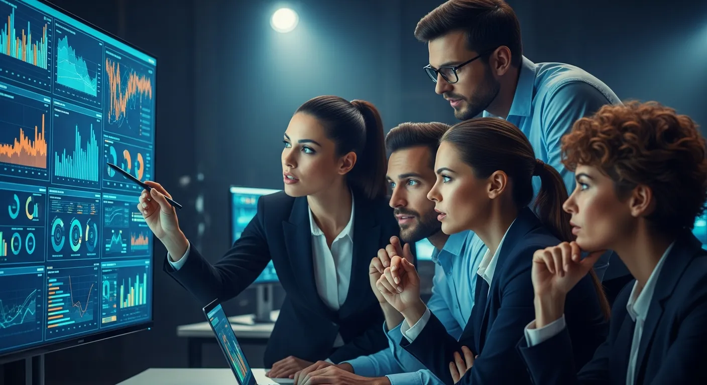 Zespół agencji interaktywnej analizujący wyniki pozycjonowania stron na monitorze