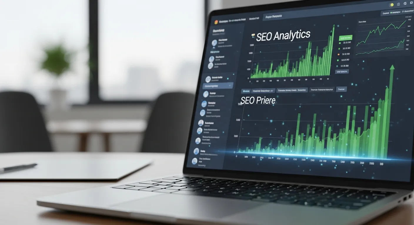 Wykresy wzrostu pozycji w Google na ekranie laptopa