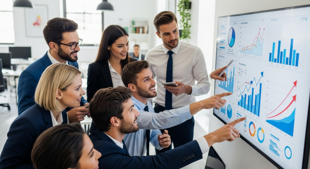 Zespół agencji interaktywnej analizujący wzrosty sprzedaży dzięki strategii lokalnego marketingu
