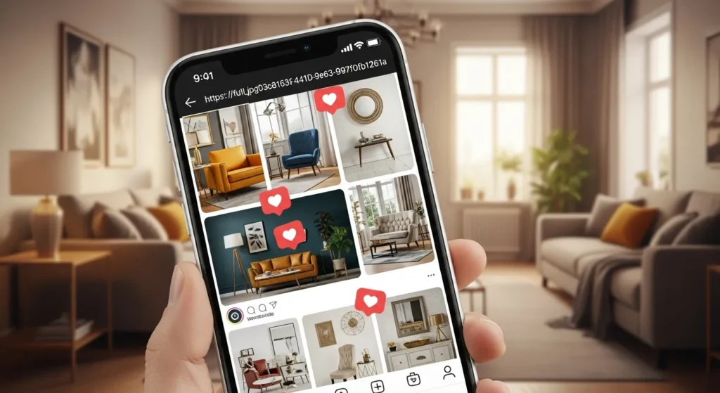 Smartfon wyświetlający angażujący profil social media marki home decor