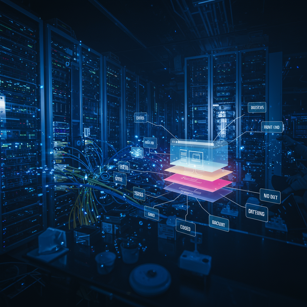 Architektura strony internetowej z serwerami, bazami danych i warstwami front-endu i back-endu.