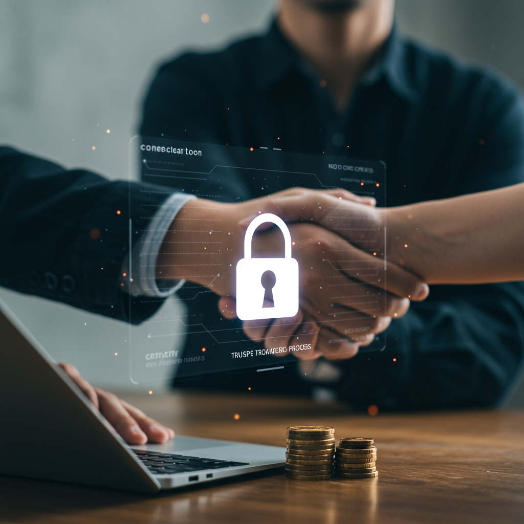 Bezpieczna transakcja online symbolizowana kłódką i uściskiem dłoni