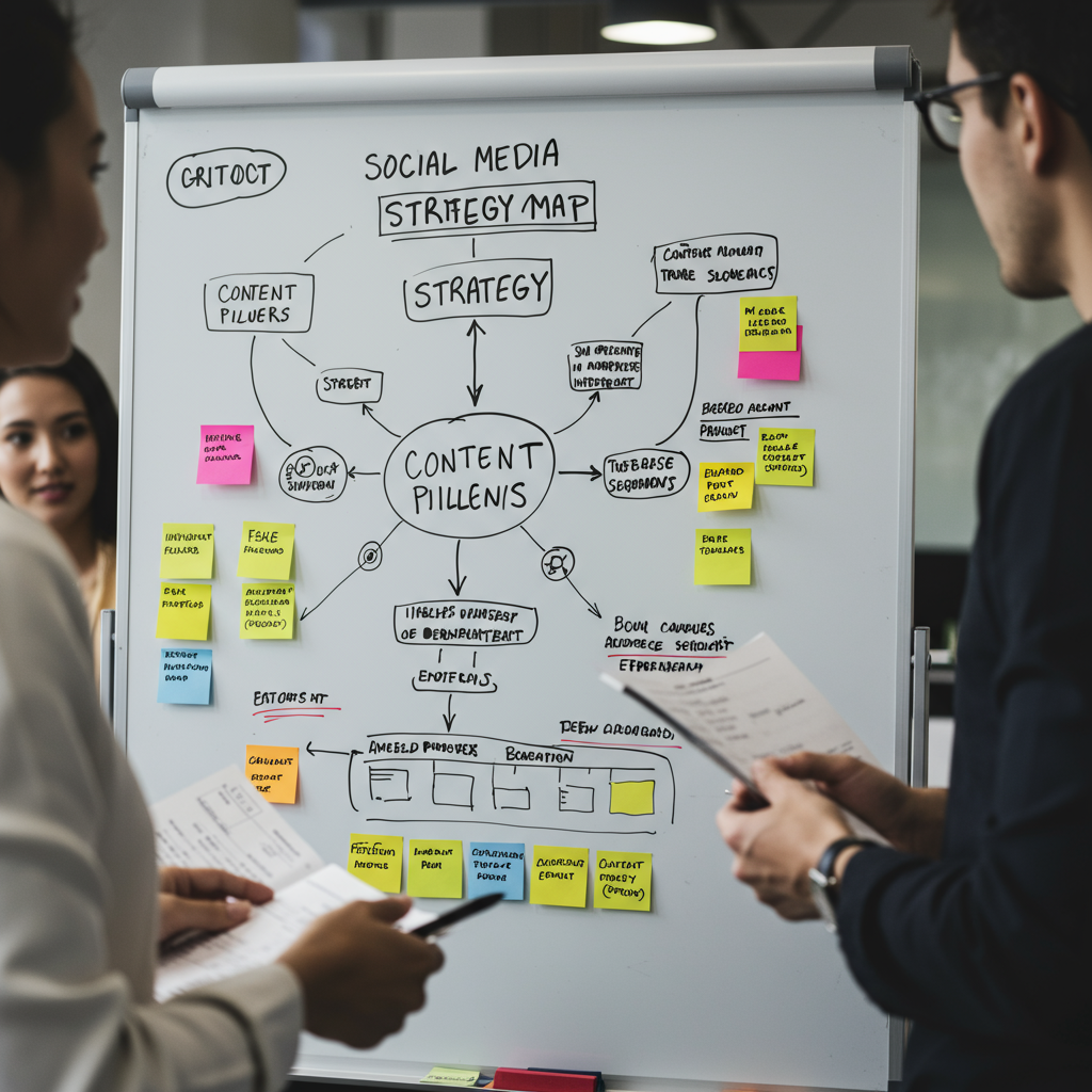 Biała tablica ze strategicznym planem mediów społecznościowych