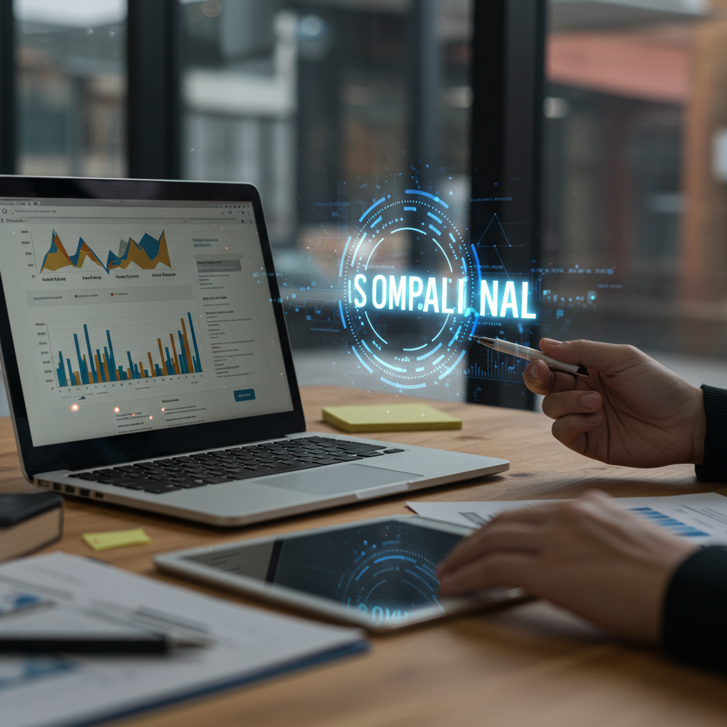 Biurko z laptopem i wykresem finansowym symbolizującym sprzedaż domen