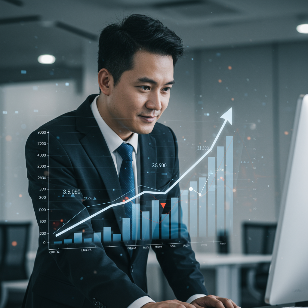 Biznesmen analizujący rosnący wykres na ekranie komputera, symbolizujący sukces w pozycjonowaniu stron.