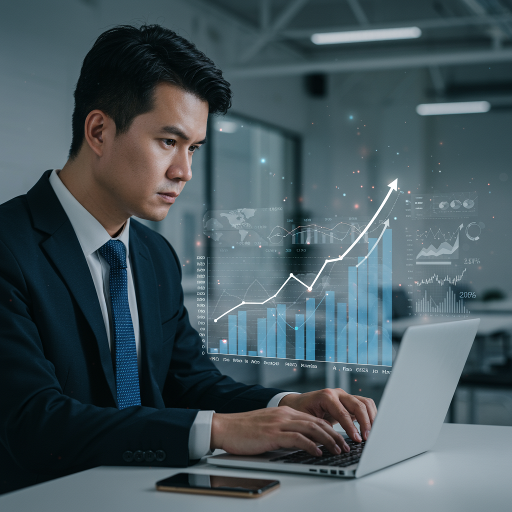 Biznesmen analizujący wykresy wzrostu na laptopie, symbolizujące sukces pozycjonowania stron