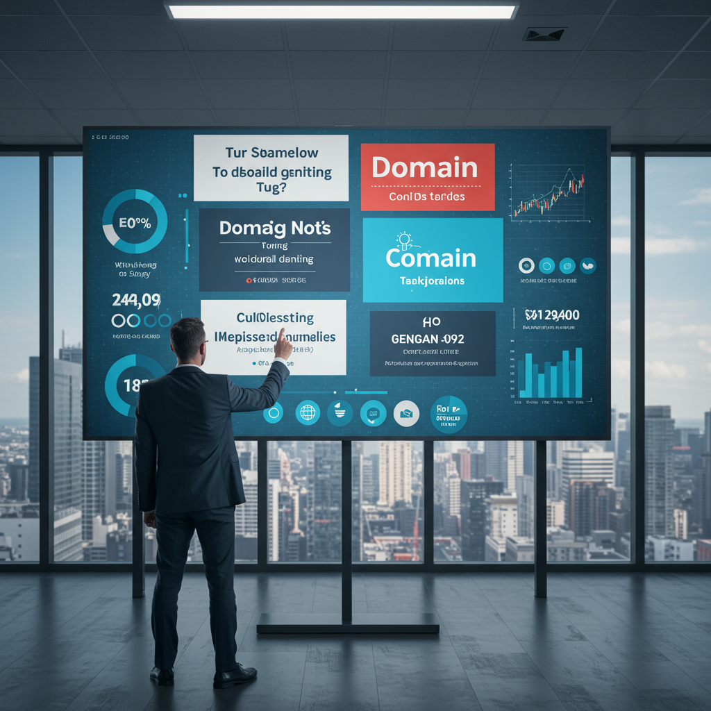 Biznesmen prezentujący wykresy i nazwy domen na cyfrowym ekranie