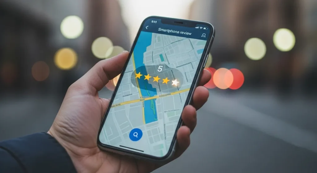 Smartfon wyświetlający pozytywne opinie i pięć gwiazdek w aplikacji map