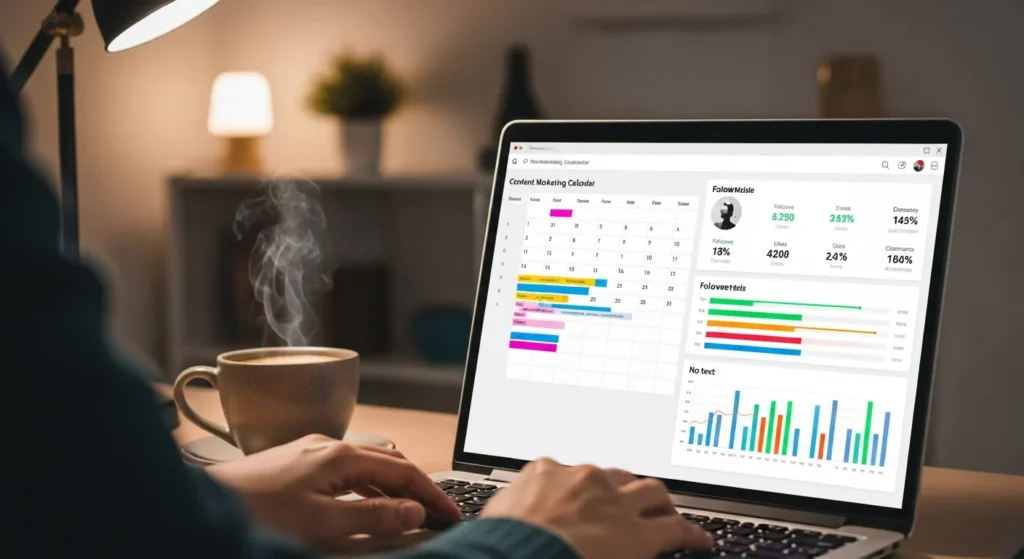 Praca nad strategią content marketingową na laptopie