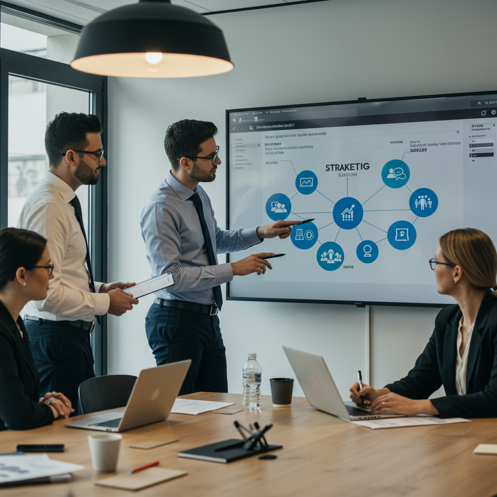Członkowie zespołu agencji interaktywnej podczas strategicznego spotkania dotyczącego planu marketingowego w social media