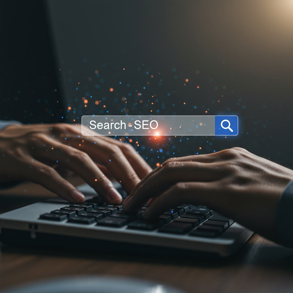 Dłonie piszące na klawiaturze komputera, z ekranem monitora w tle symbolizującym SEO.