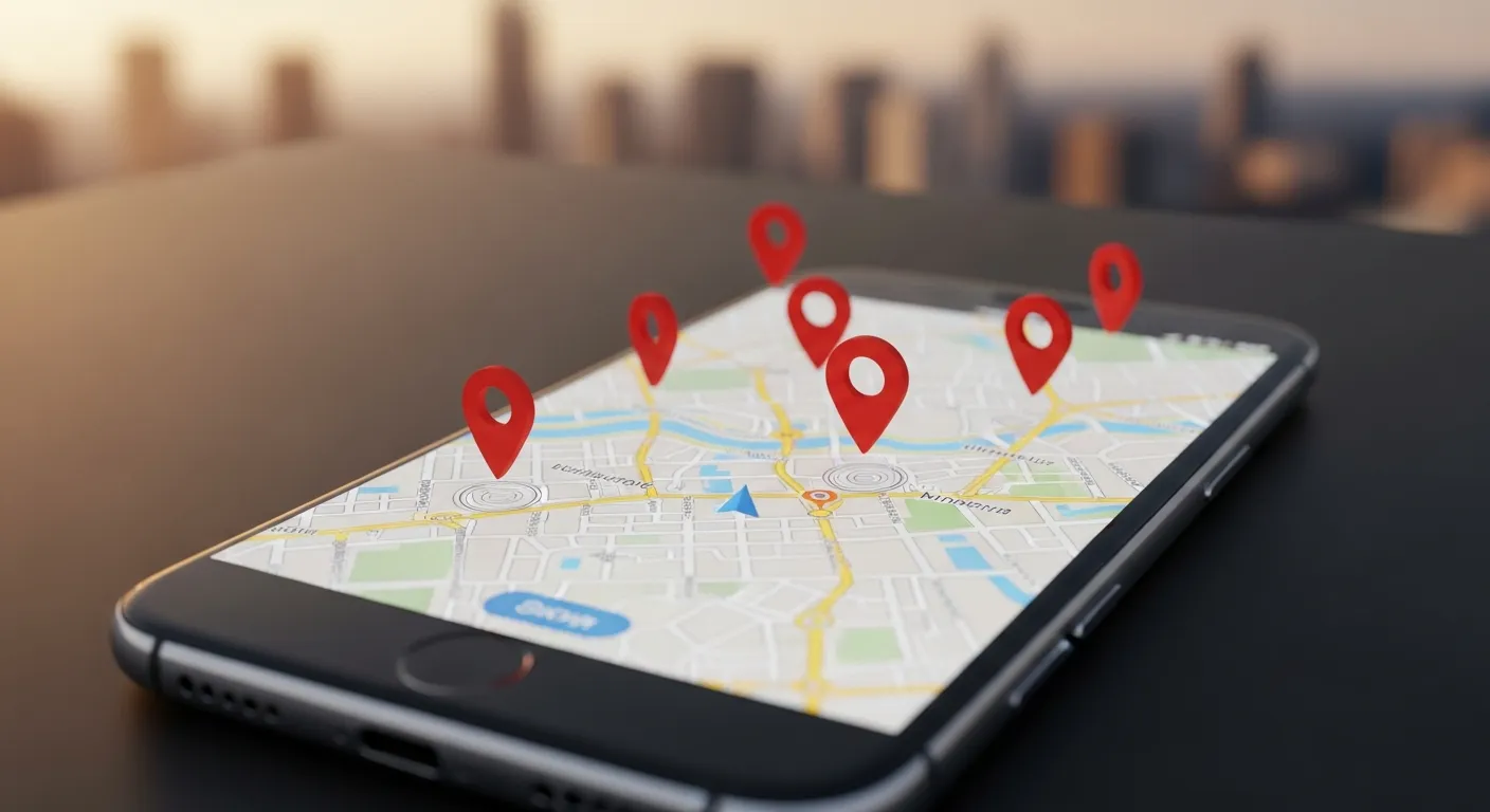 Smartfon z widoczną nawigacją i pinezkami lokalizacji symbolizujący wizytówki w Google Maps