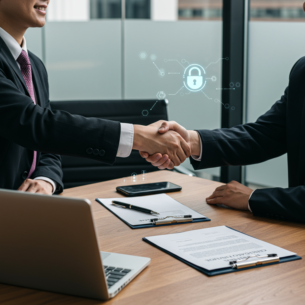 Dwie osoby finalizujące bezpieczną transakcję sprzedaży domeny, z umową na stole