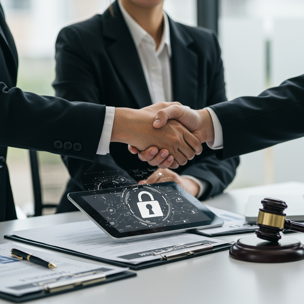 Dwóch profesjonalistów biznesowych ściskających dłonie nad tabletem z interfejsem bezpiecznej transakcji