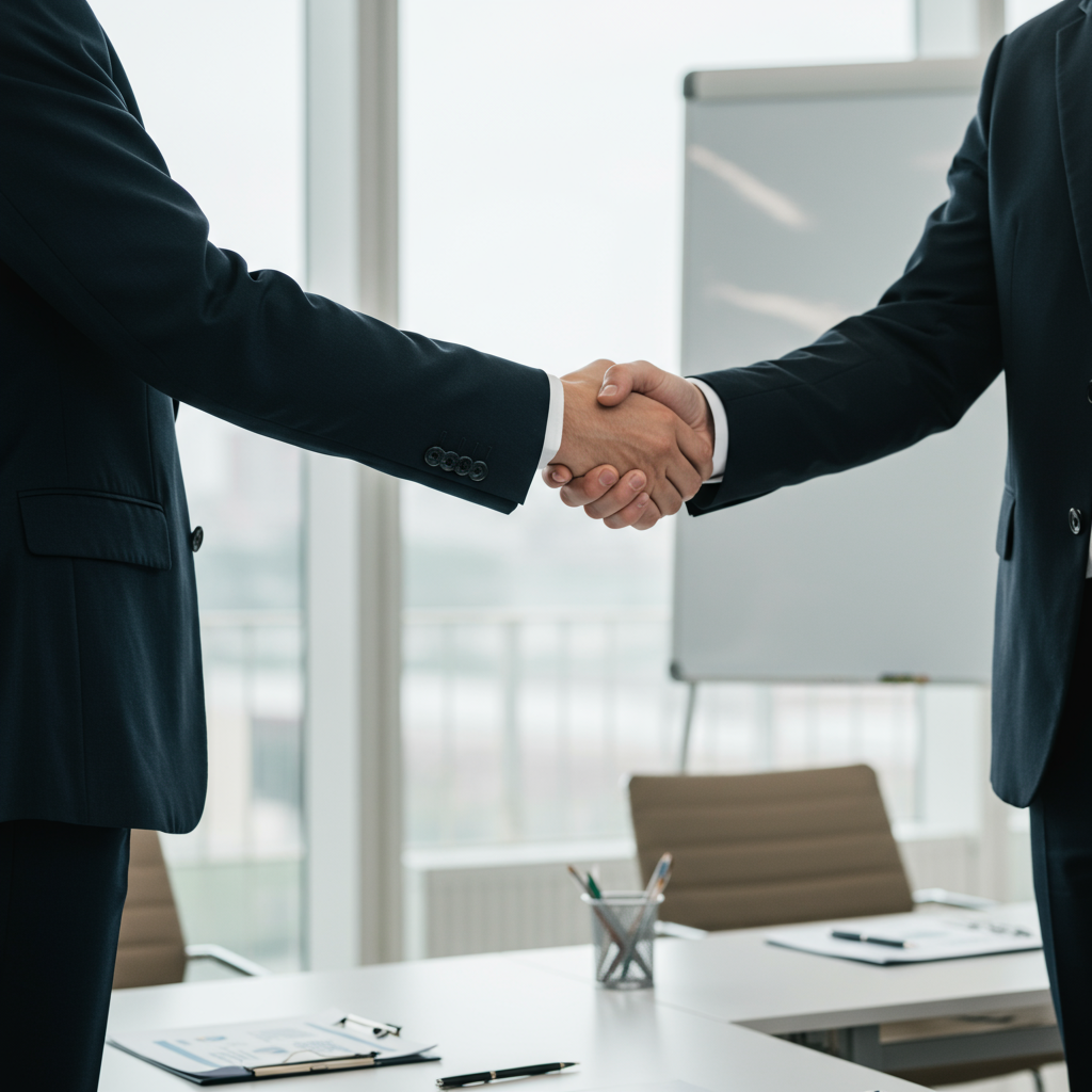 Dwóch profesjonalistów uściska dłonie, symbolizując udaną współpracę i zadowolenie klienta z wyników pozycjonowania.