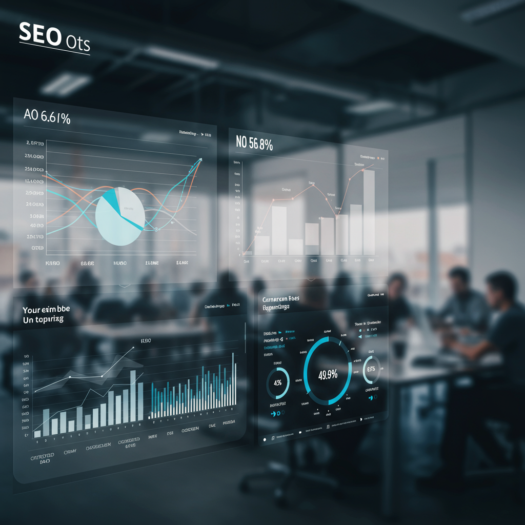 Dynamiczny panel analityczny SEO pokazujący wzrost ruchu i pozycji stron.