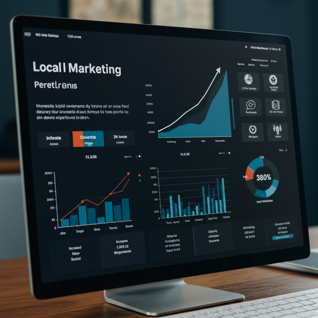 Ekran komputera z panelem wskaźników sukcesu kampanii lokalnego marketingu.