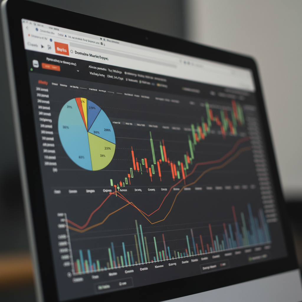 Ekran komputera z platformą do sprzedaży domen i wykresami finansowymi w tle