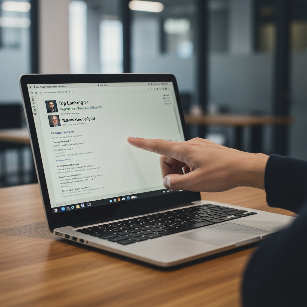 Ekran laptopa pokazujący wysokie pozycje w wynikach wyszukiwania Google.