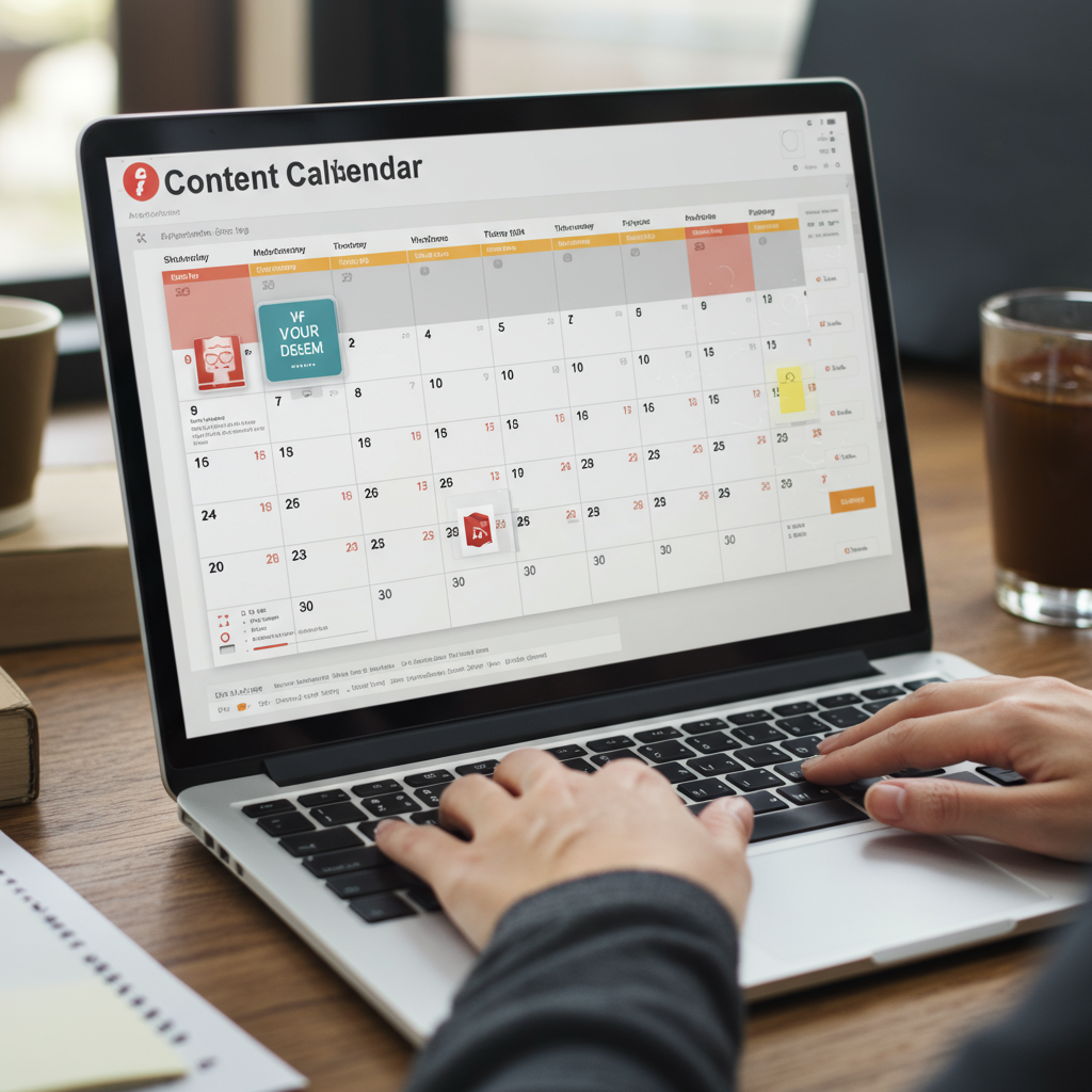 Ekran laptopa z kalendarzem treści i planem content marketingowym