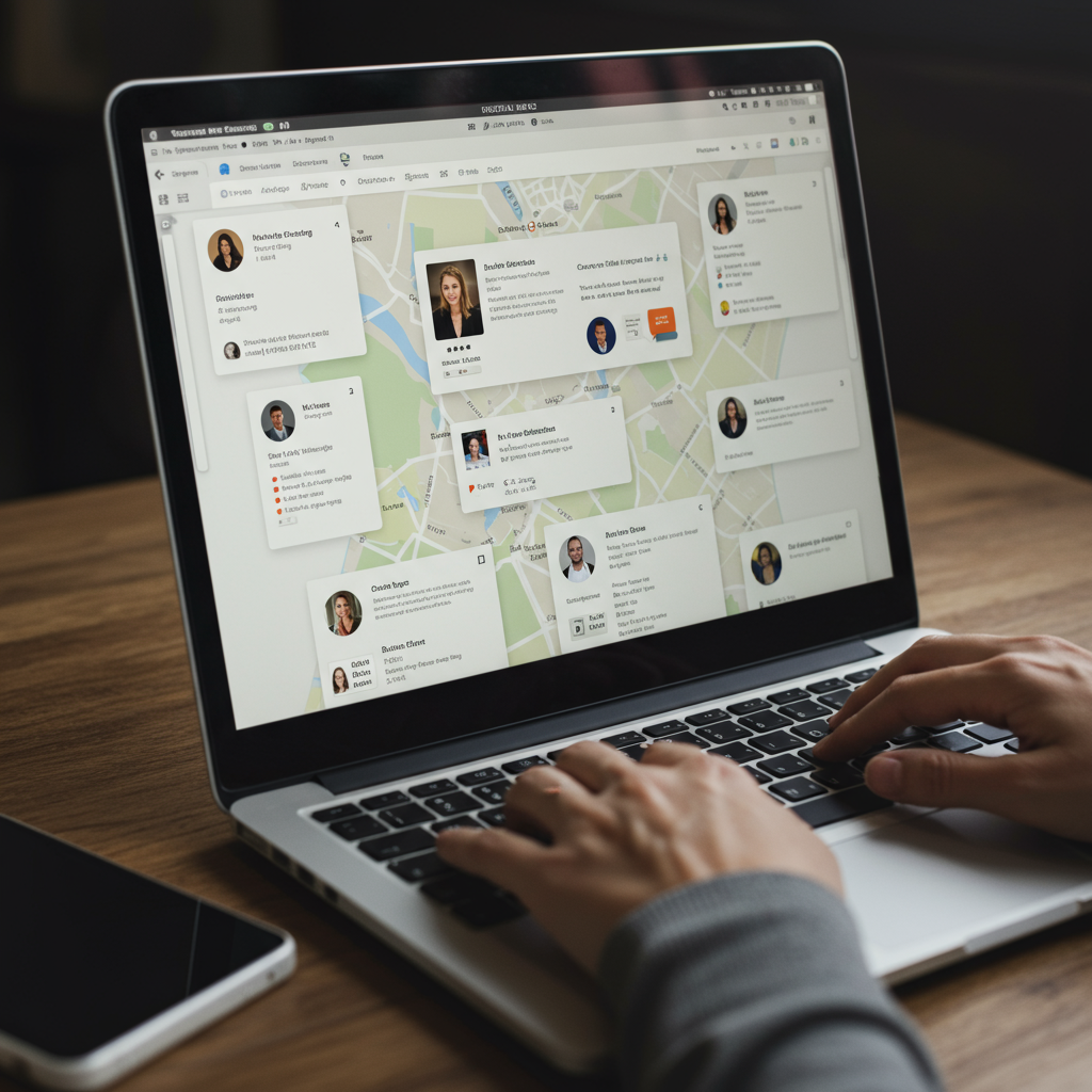 Ekran laptopa z optymalizowanymi profilami firm w Google Maps