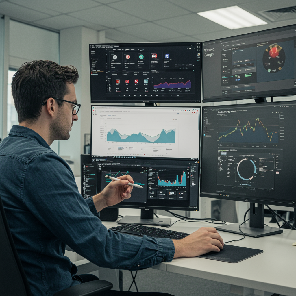 Ekspert SEO analizujący dane z kampanii Google Ads na wielu monitorach