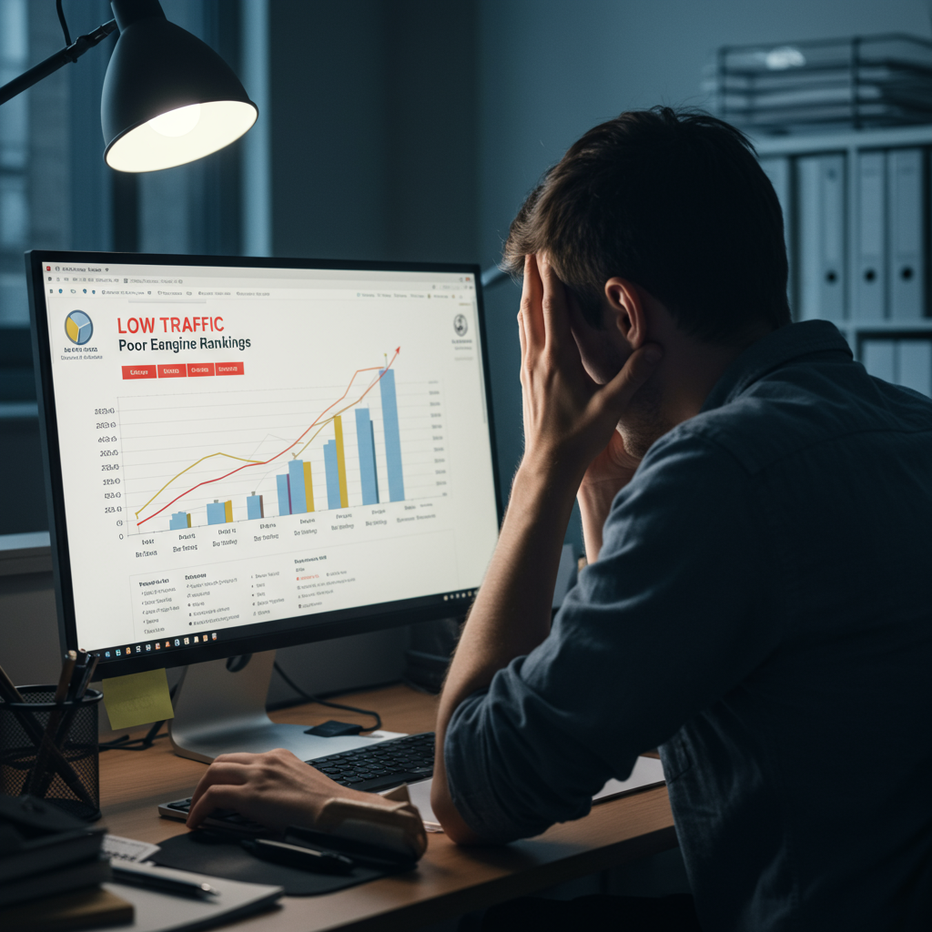 Frustracja pracownika agencji patrzącego na słabe wyniki SEO.