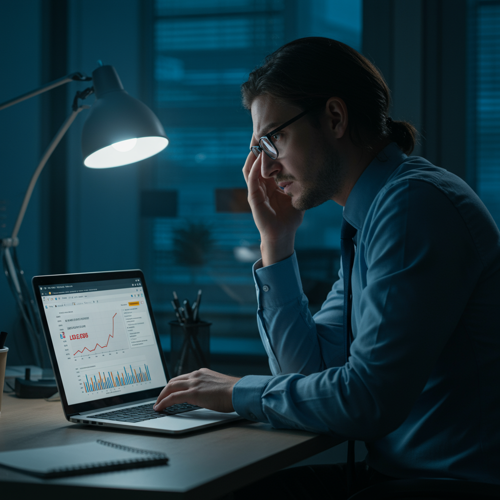 Frustracja właściciela firmy oglądającego niskie statystyki ruchu na stronie.