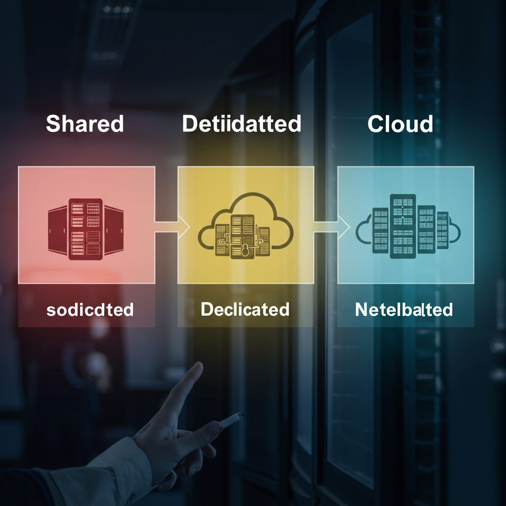 Grafika przedstawiająca różne typy hostingu: współdzielony, VPS, dedykowany i chmurowy