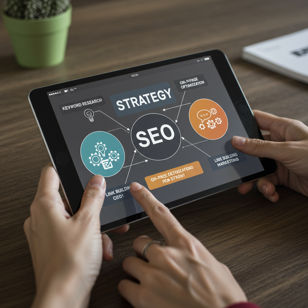 Grafika przedstawiająca złożone elementy strategii SEO