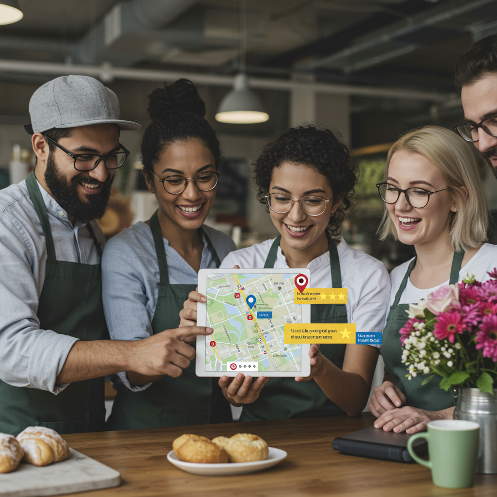 Grupa lokalnych przedsiębiorców analizująca strategię lokalnego marketingu na tablecie