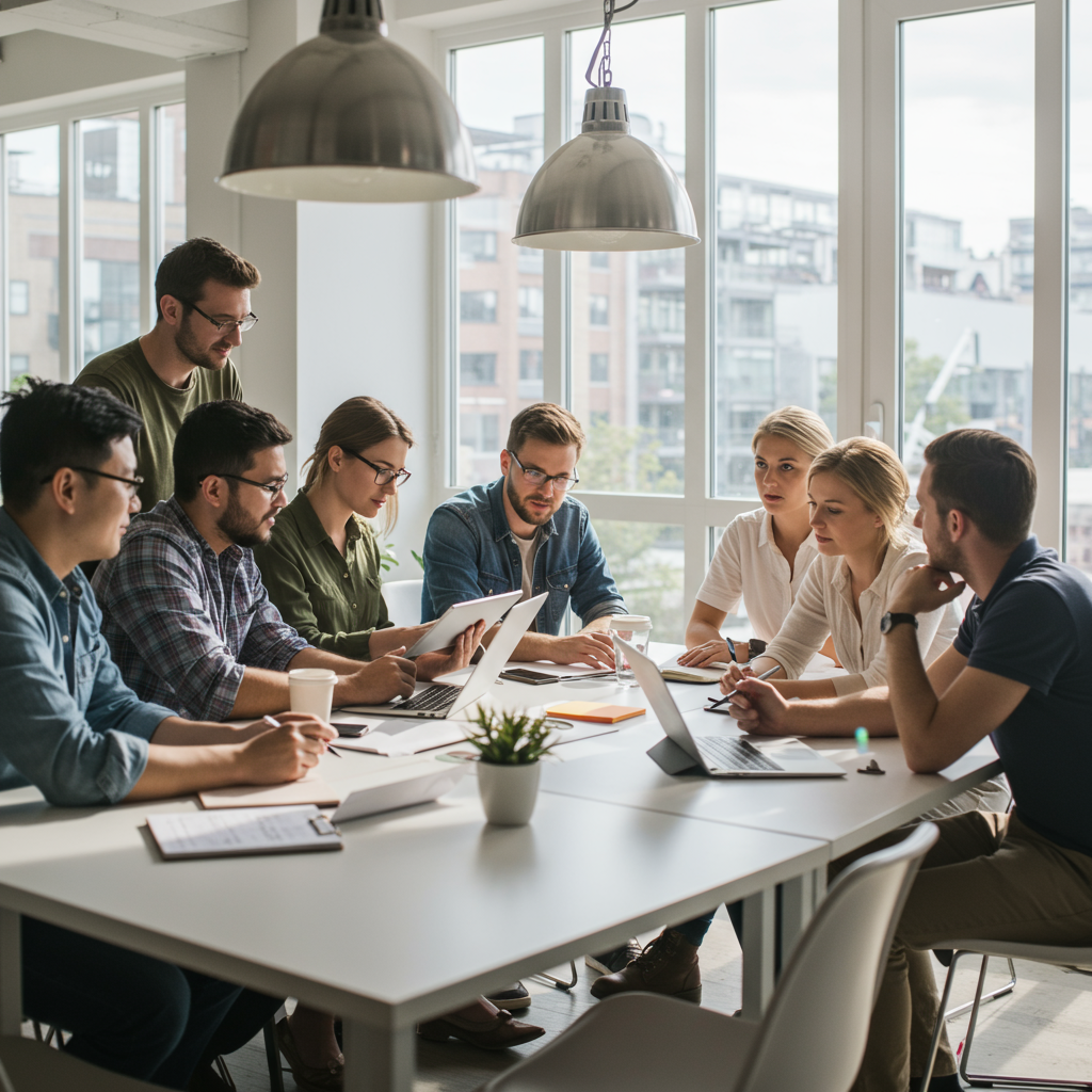 Grupa ludzi aktywnie dyskutująca przy stole w nowoczesnym biurze, symbolizująca tworzenie strategii content marketingowej i SEO.