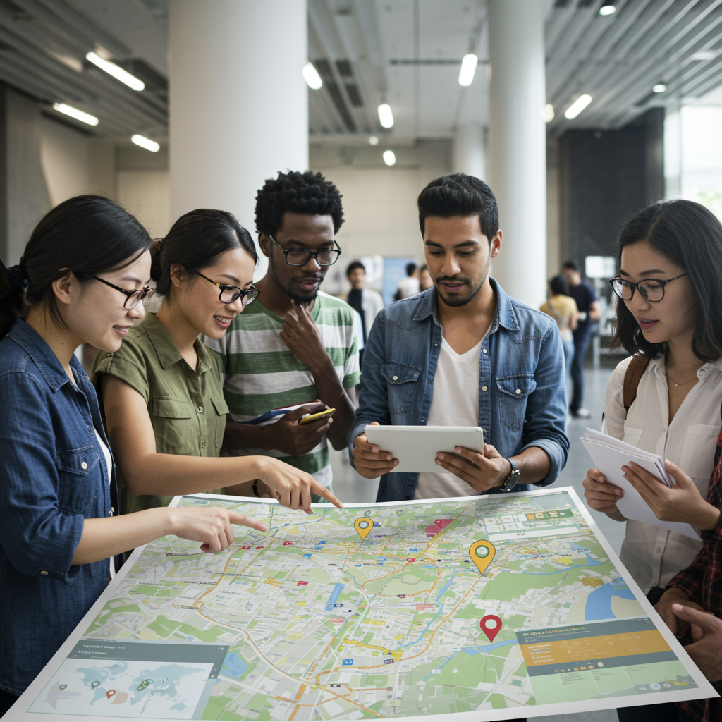 Grupa ludzi analizująca cyfrową mapę na tablecie w miejskim otoczeniu