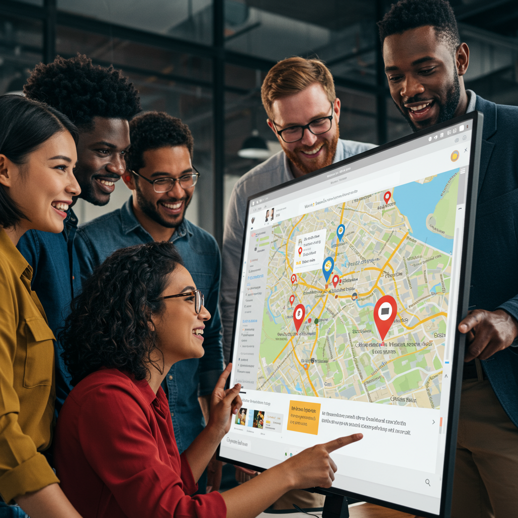 Grupa przedsiębiorców analizująca zoptymalizowane wizytówki firm na cyfrowej mapie Google.