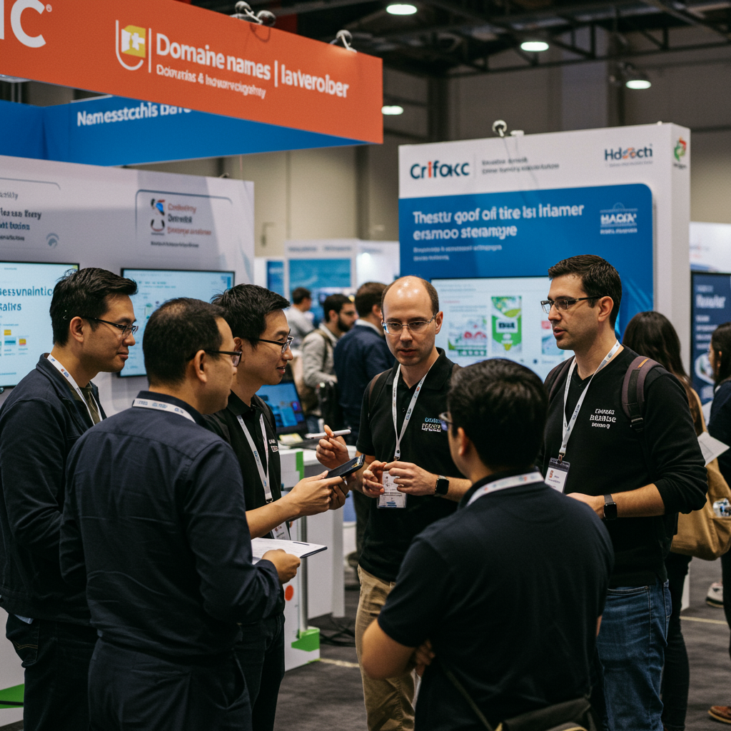 Grupa przedsiębiorców dyskutująca o inwestycjach w domeny na konferencji