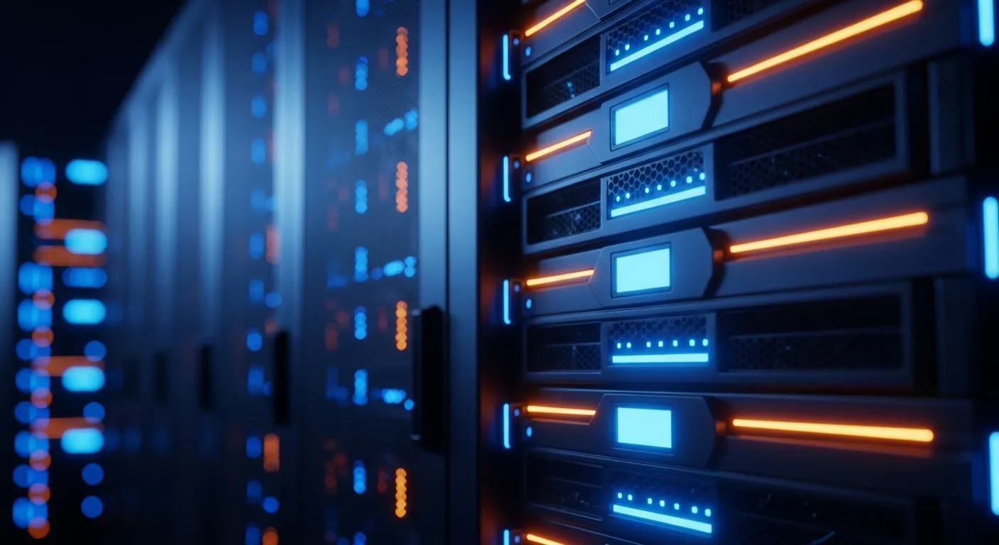 Nowoczesna serwerownia z podświetleniem LED symbolizująca szybki hosting