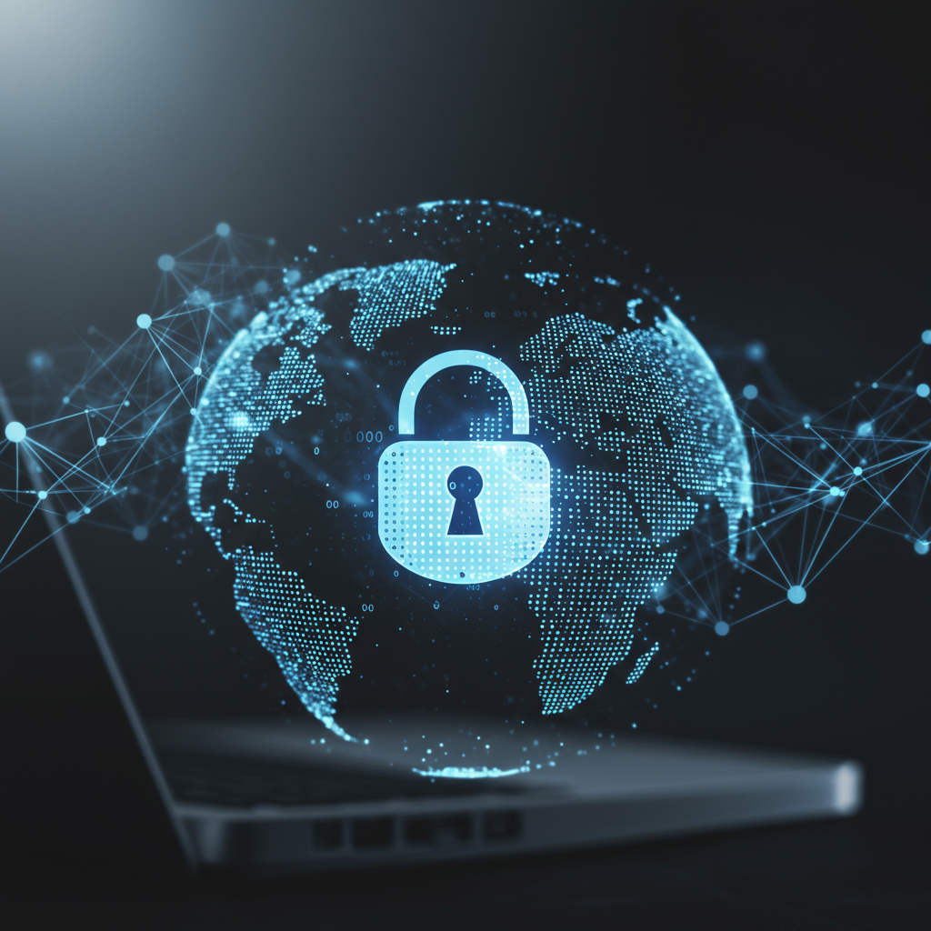 Ikona bezpiecznej kłódki na tle globalnej sieci, symbolizująca bezpieczeństwo transakcji domenowych.
