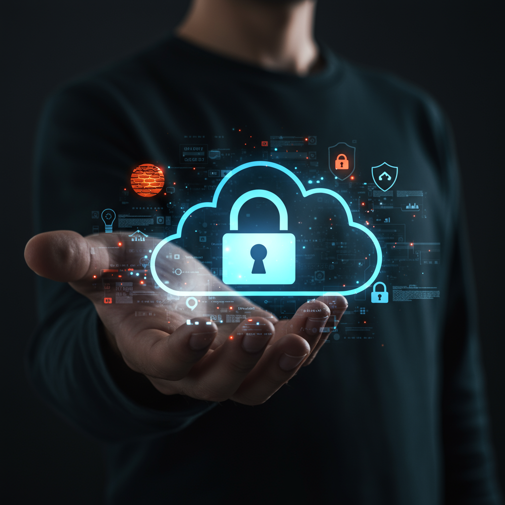 Ikona kłódki na tle chmury symbolizująca bezpieczny hosting w chmurze