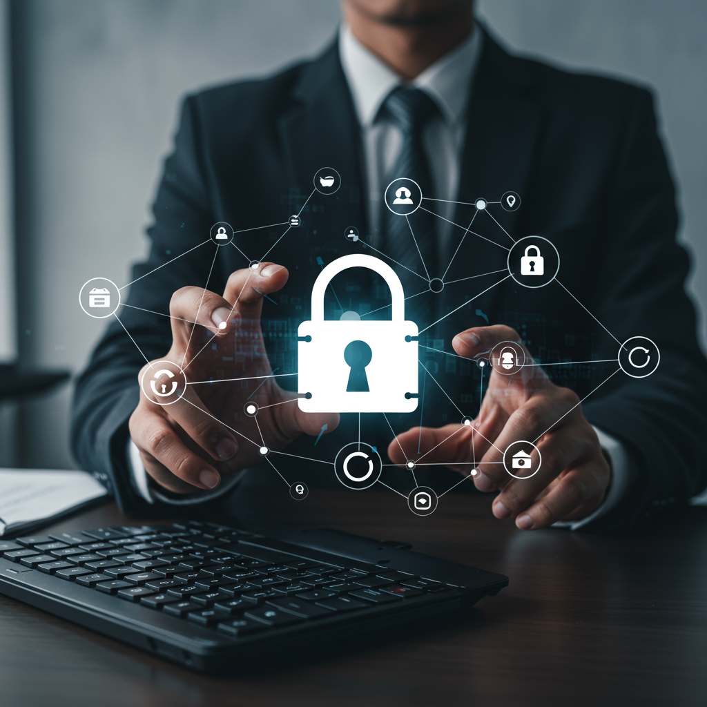 Ikona kłódki na tle sieci serwerów, symbolizująca bezpieczeństwo hostingu