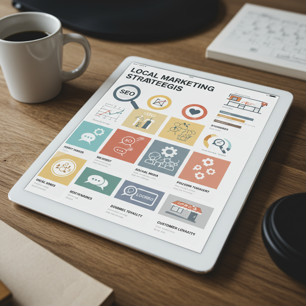 Infografika przedstawiająca różne strategie lokalnego marketingu na tablecie