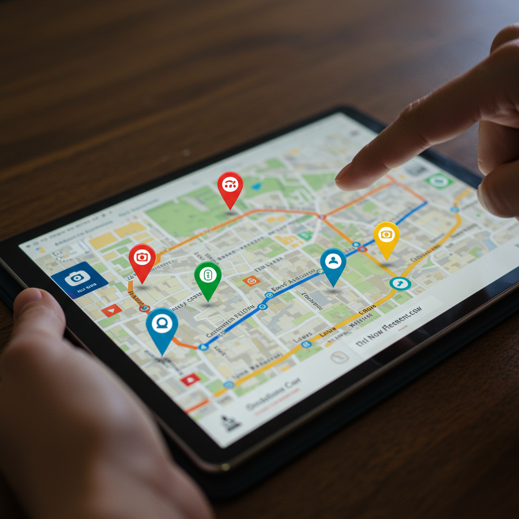 Interfejs mapy na tablecie z pinezkami lokalnych firm i recenzjami klientów