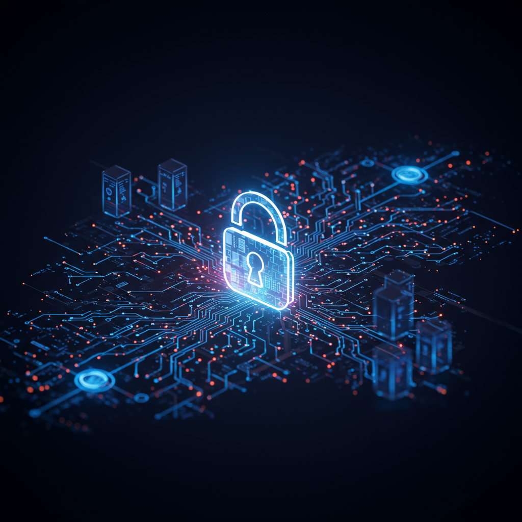 Kłódka symbolizująca bezpieczeństwo danych na tle sieci serwerów