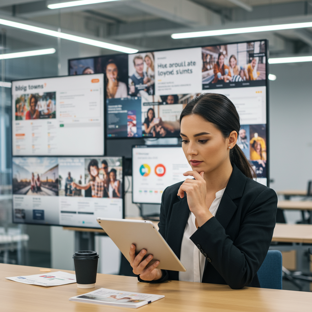 Kobieta analizująca strategię content marketingową na tablecie w cyfrowym biurze