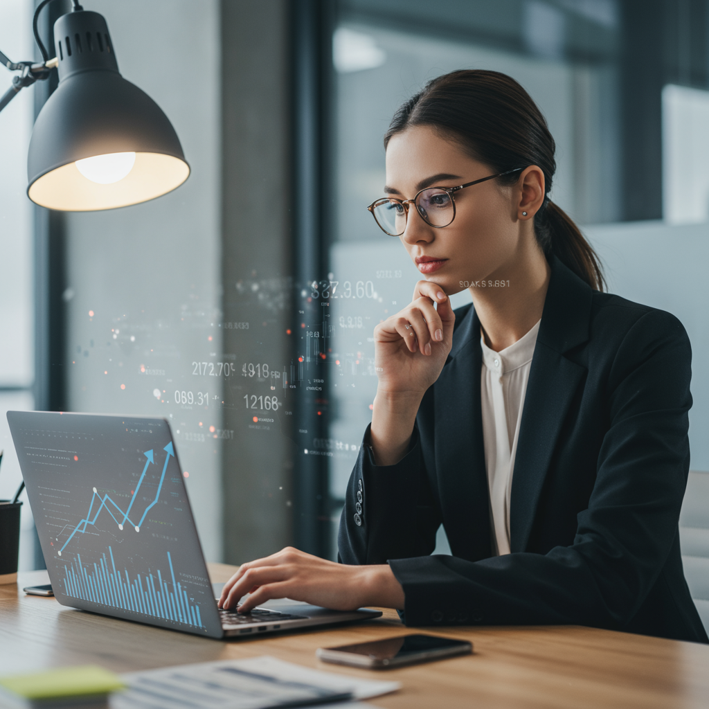 Kobieta analizująca wykresy wzrostu wartości domen na laptopie w nowoczesnym biurze.